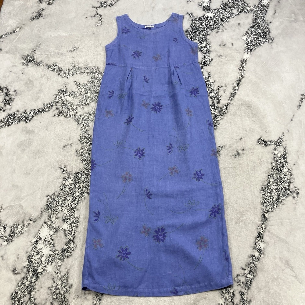 Russ Berens Malibu 100% Linen Maxi Dress Women's Size Small Purple Floral‎ USA